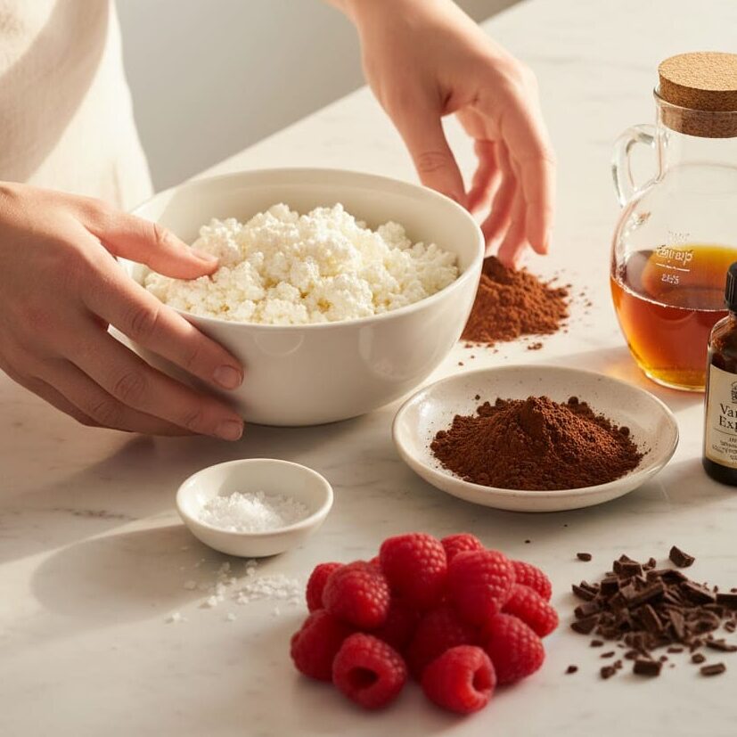 Cottage cheese and cocoa powder ready to make chocolate mousse