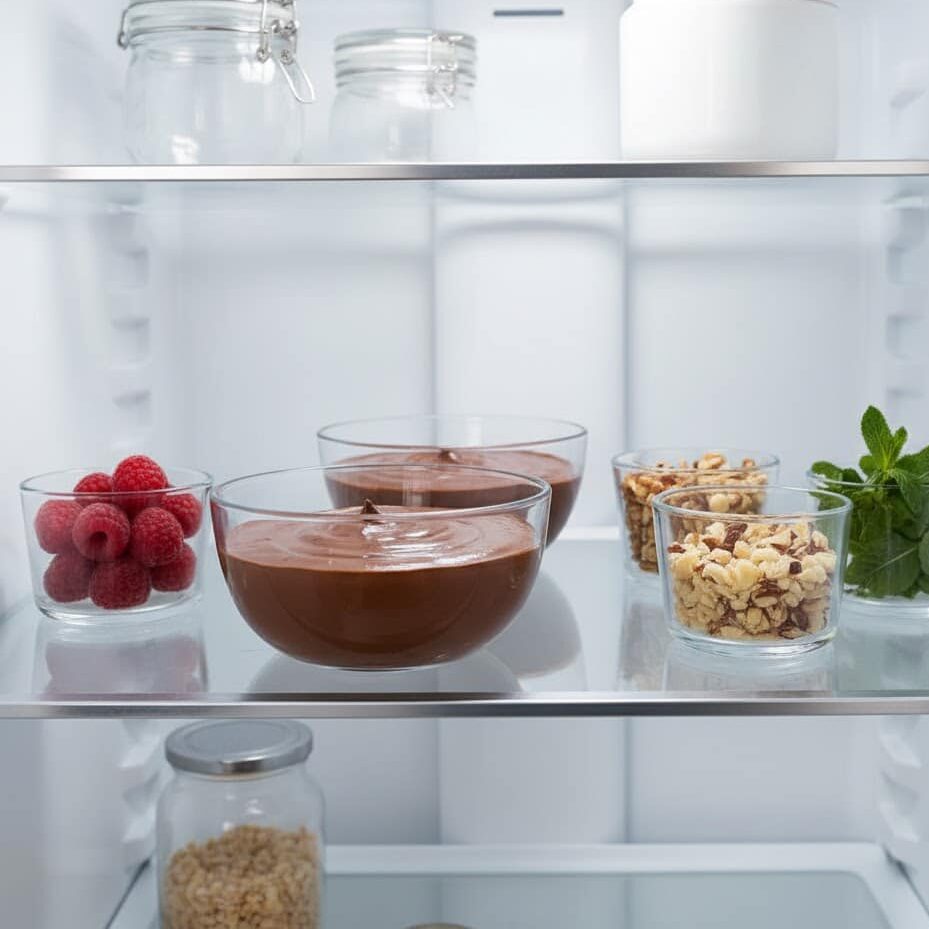 Cottage cheese chocolate mousse chilling in the refrigerator