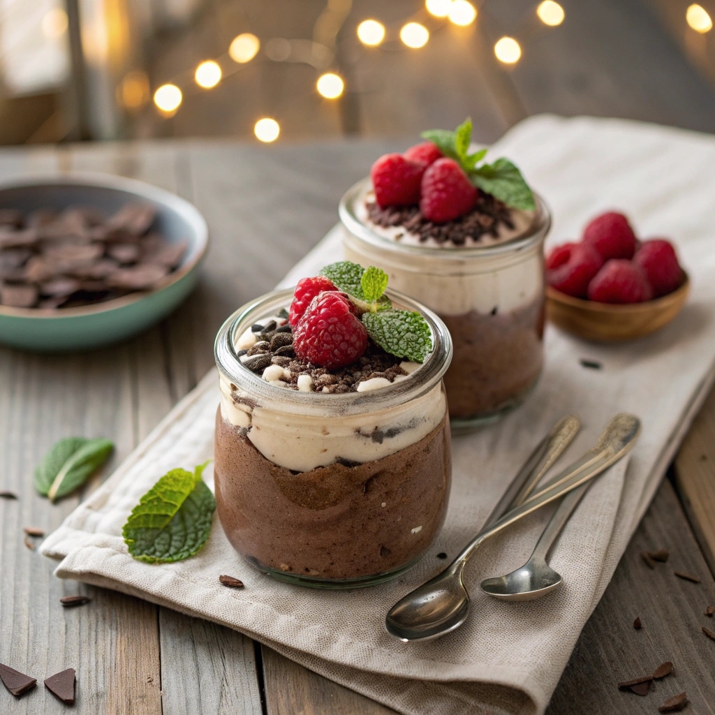 Cottage cheese chocolate mousse in glass jars with mint and berries