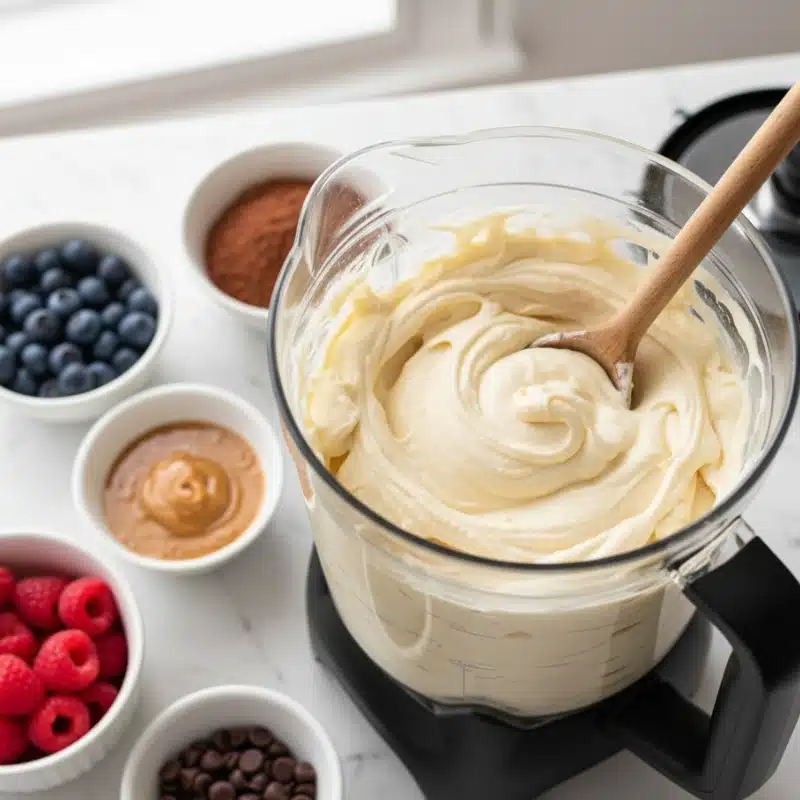  Smooth, creamy banana nice cream base in a blender, surrounded by bowls of raspberries, cocoa powder, and peanut butter for flavor customization.