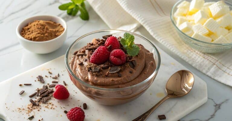 Creamy cottage cheese chocolate mousse topped with raspberries and mint