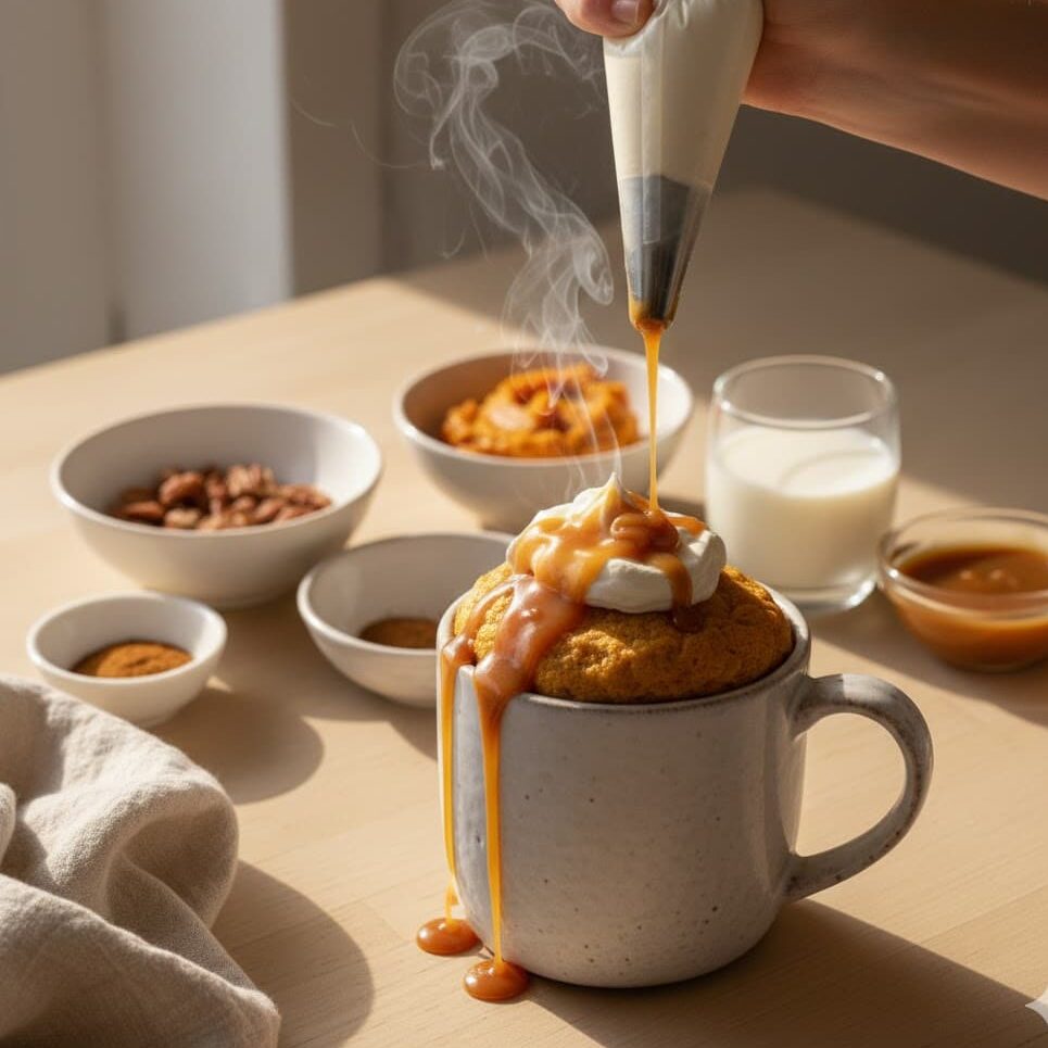 Finished pumpkin mug cake topped with whipped cream and caramel drizzle.