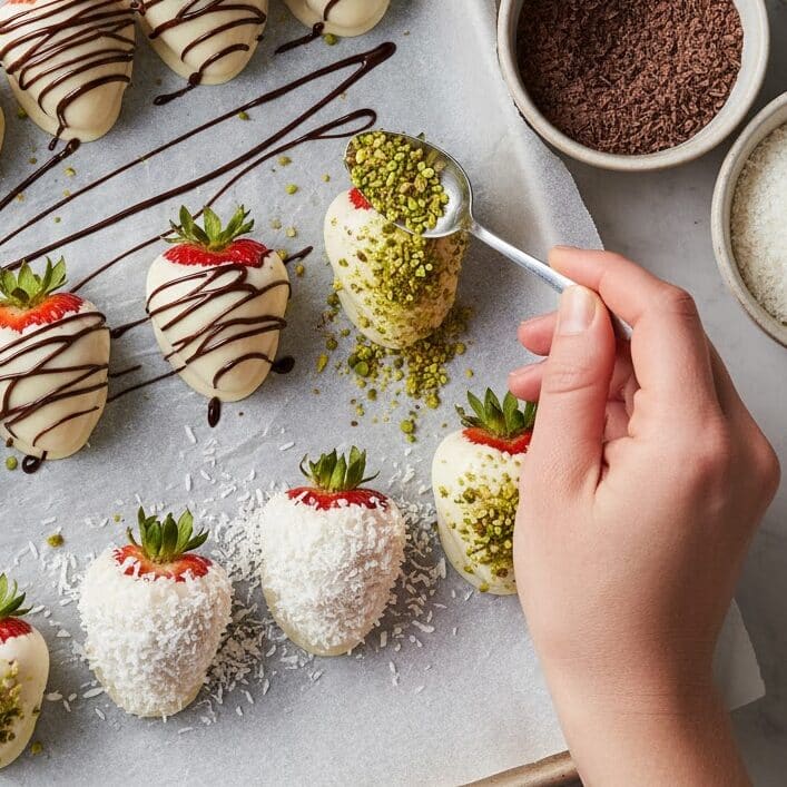 Decorating white chocolate strawberries with nuts and chocolate drizzle.