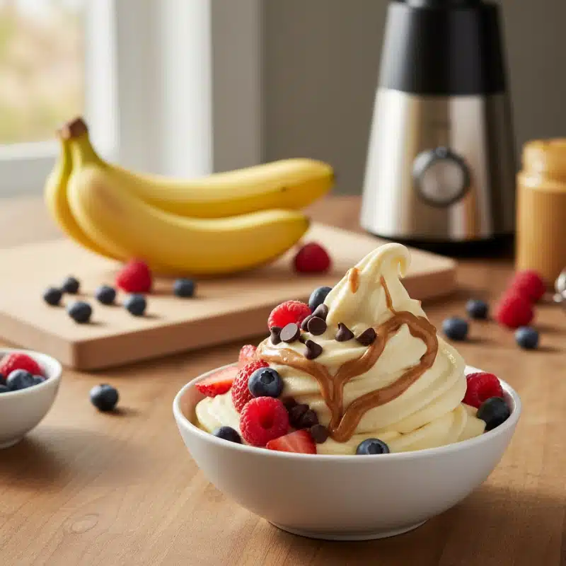 Creamy banana nice cream topped with peanut butter, mixed berries and chocolate chips in a white bowl. Healthy, easy banana dessert with fresh ingredients.