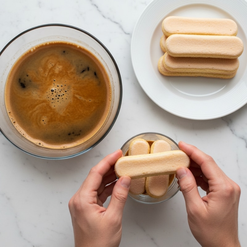 Top-down view of hands dipping ladyfinger cookies into espresso and placing soaked halves into a clear dessert glass on a marble counter.