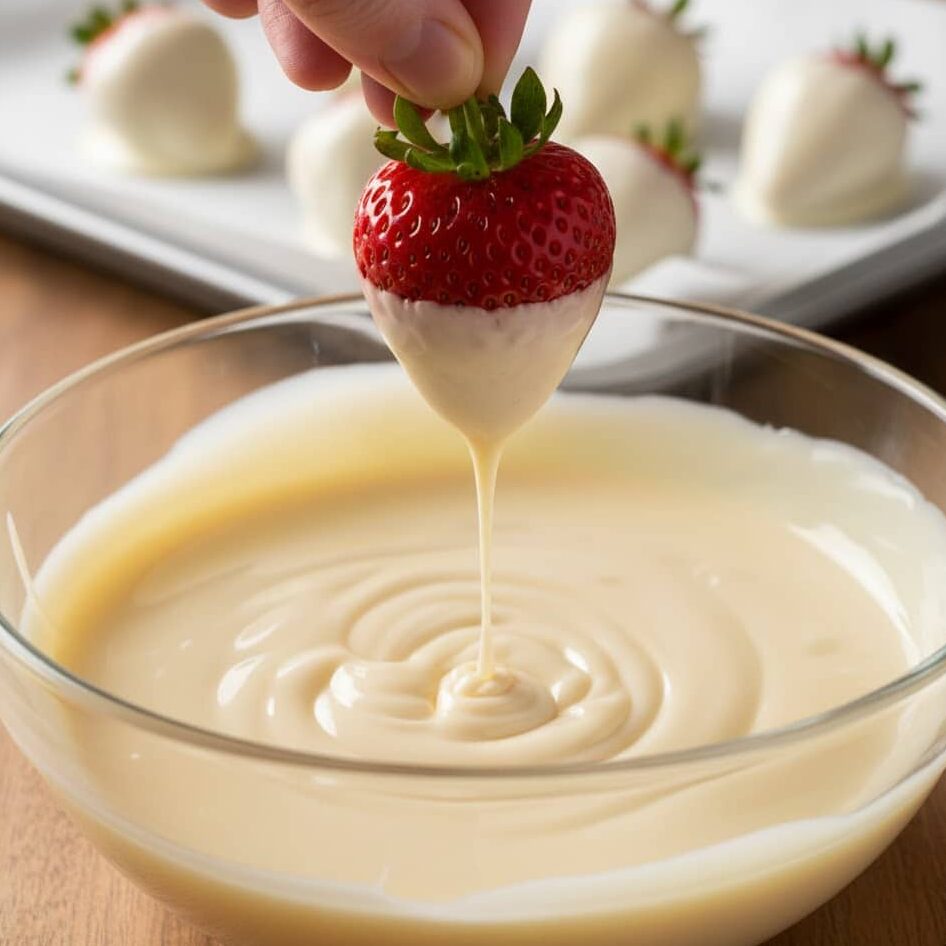 Hand dipping strawberry into melted white chocolate for coating.