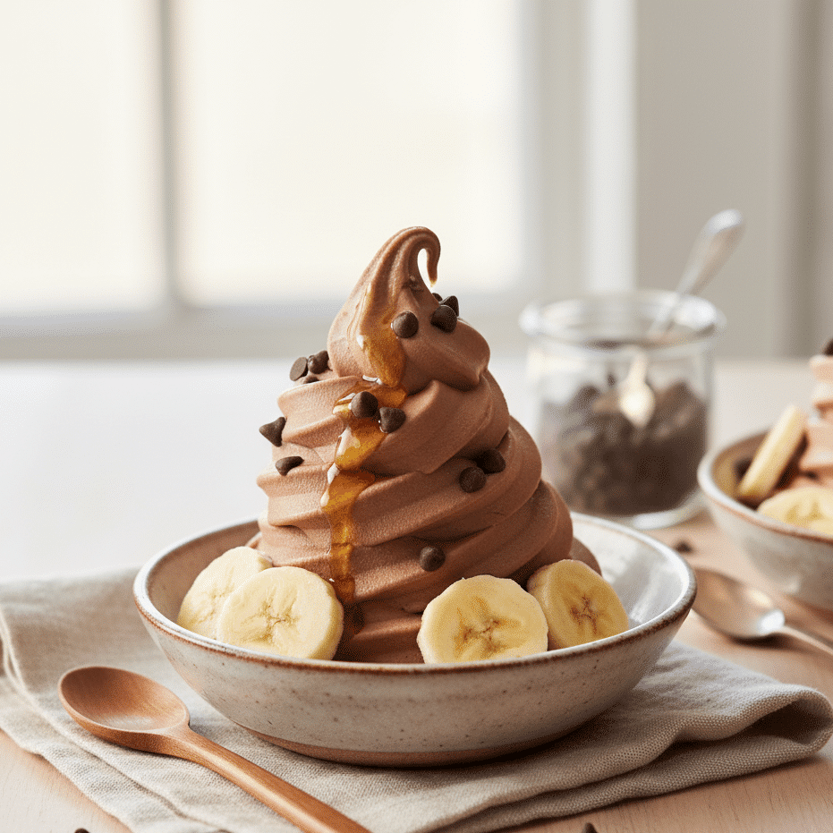 Bowl of homemade chocolate banana ice cream with banana slices, chocolate chips, and a drizzle of maple syrup.