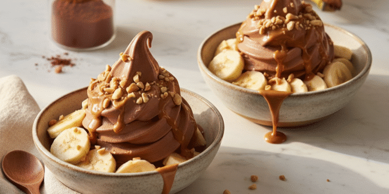 Bowl of creamy chocolate banana ice cream topped with banana slices and chocolate chips on a rustic wooden table.