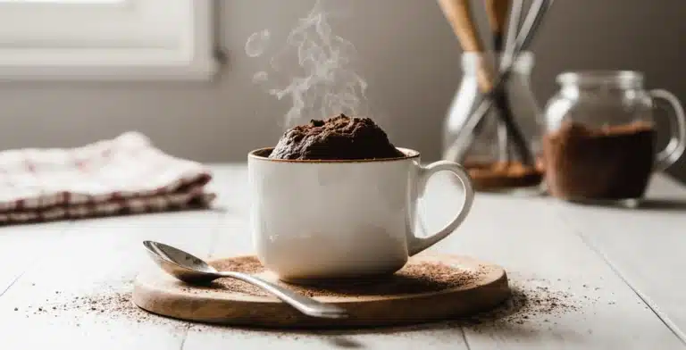 Warm chocolate microwave mug cake in a white mug topped with whipped cream and berries.