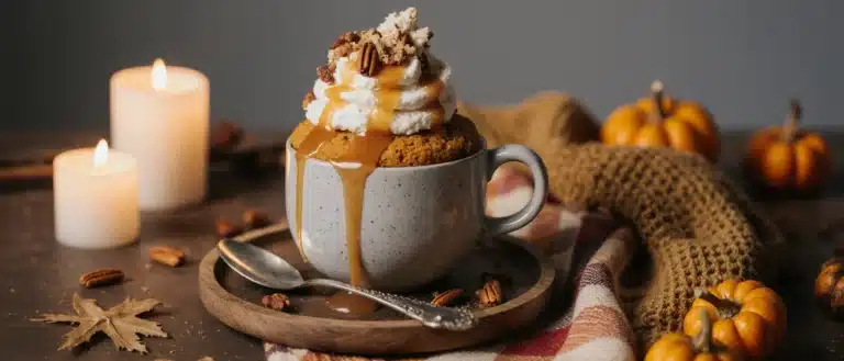 Warm pumpkin mug cake topped with whipped cream and caramel drizzle on a cozy fall table.