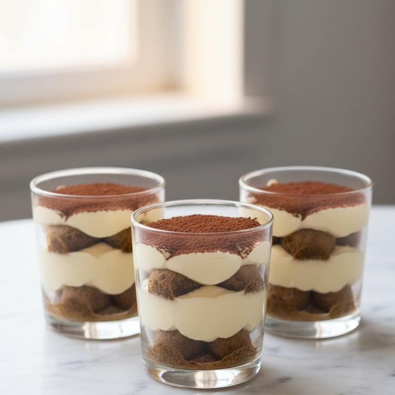 Three elegant individual tiramisu cups in clear glass with visible layers of cream and cocoa, set on a white marble surface.