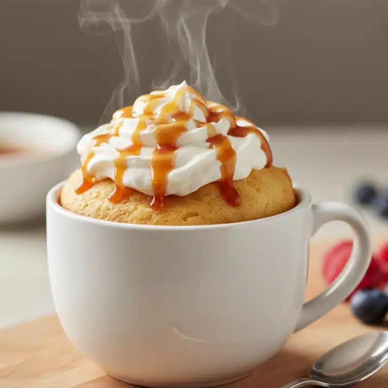 Steaming vanilla mug cake topped with whipped cream and thick caramel sauce, served in a white mug on a wooden board with a spoon.