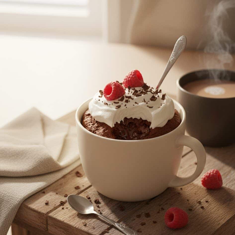 Finished microwave mug cake topped with whipped cream, raspberries, and chocolate shavings.