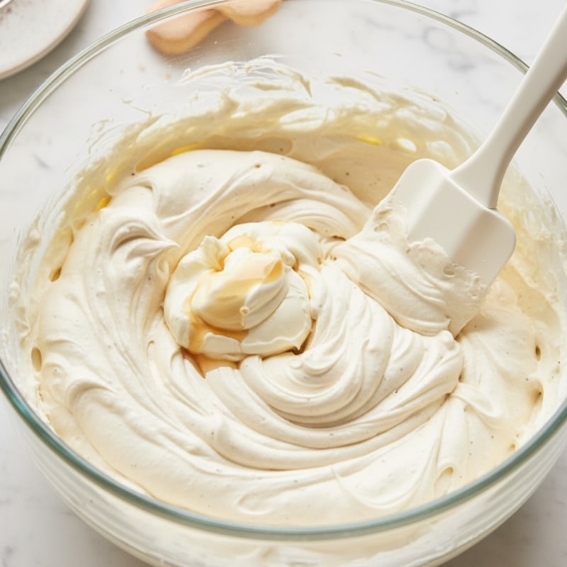 Close up of mascarpone cheese and vanilla extract being gently folded into whipped cream with a spatula in a clear glass bowl.