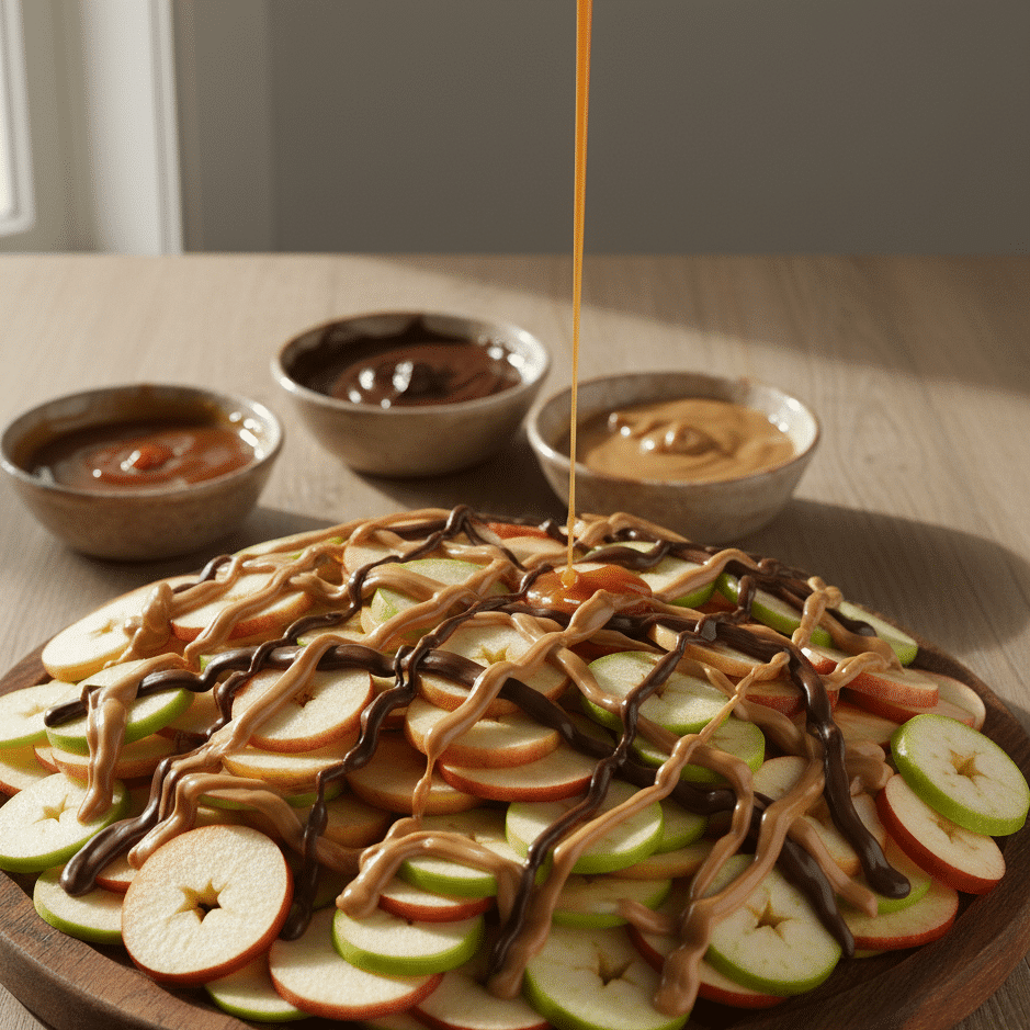 Caramel and chocolate being drizzled over apple slices for Apple Nachos Recipe.