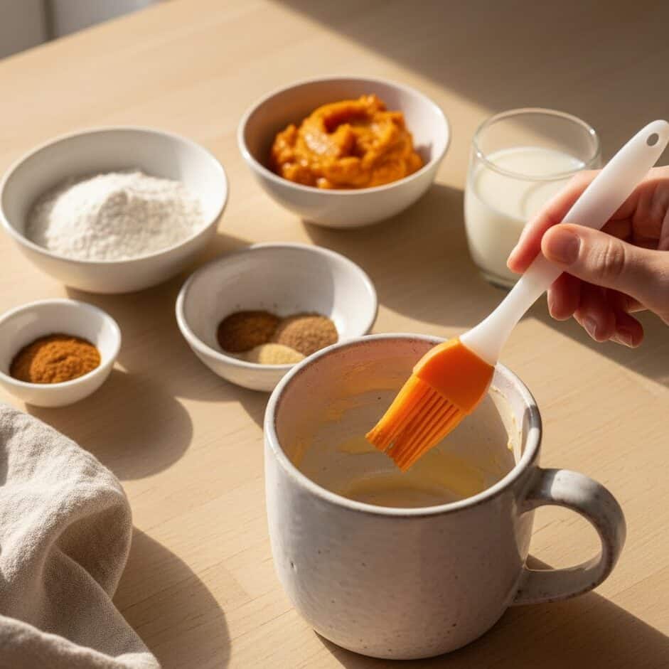 Hand greasing a white mug with butter before making a pumpkin mug cake.