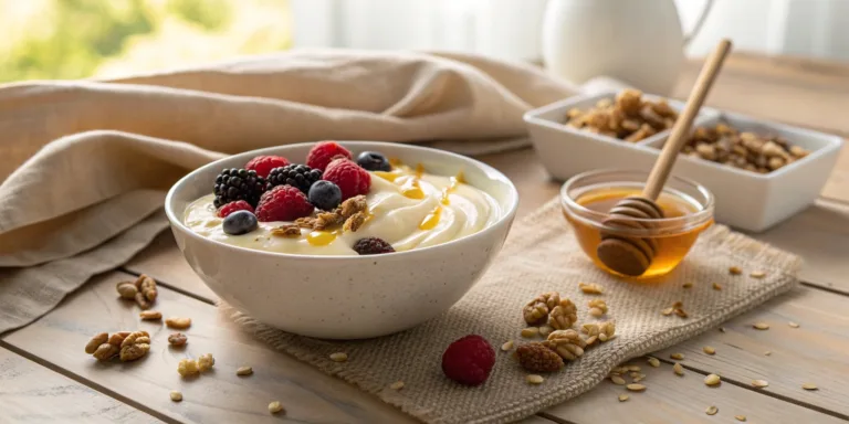 Creamy Greek yogurt with honey drizzle, fresh berries, and walnuts in a white bowl.