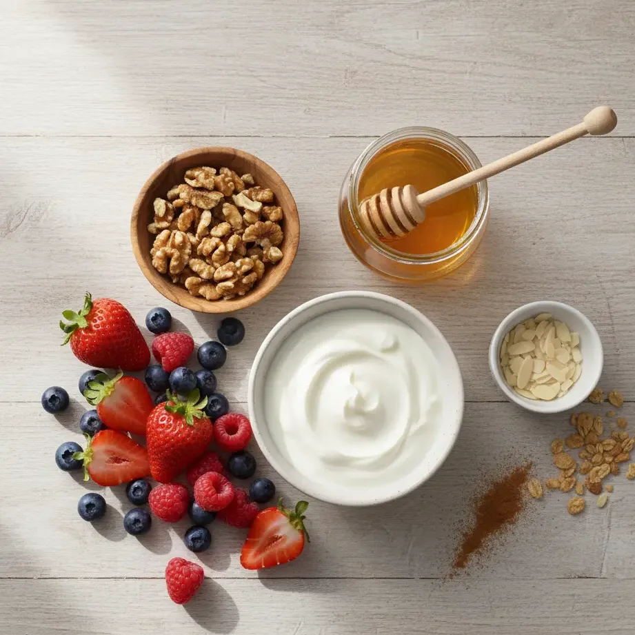Greek yogurt, raw honey, nuts, and berries arranged on a light kitchen surface.