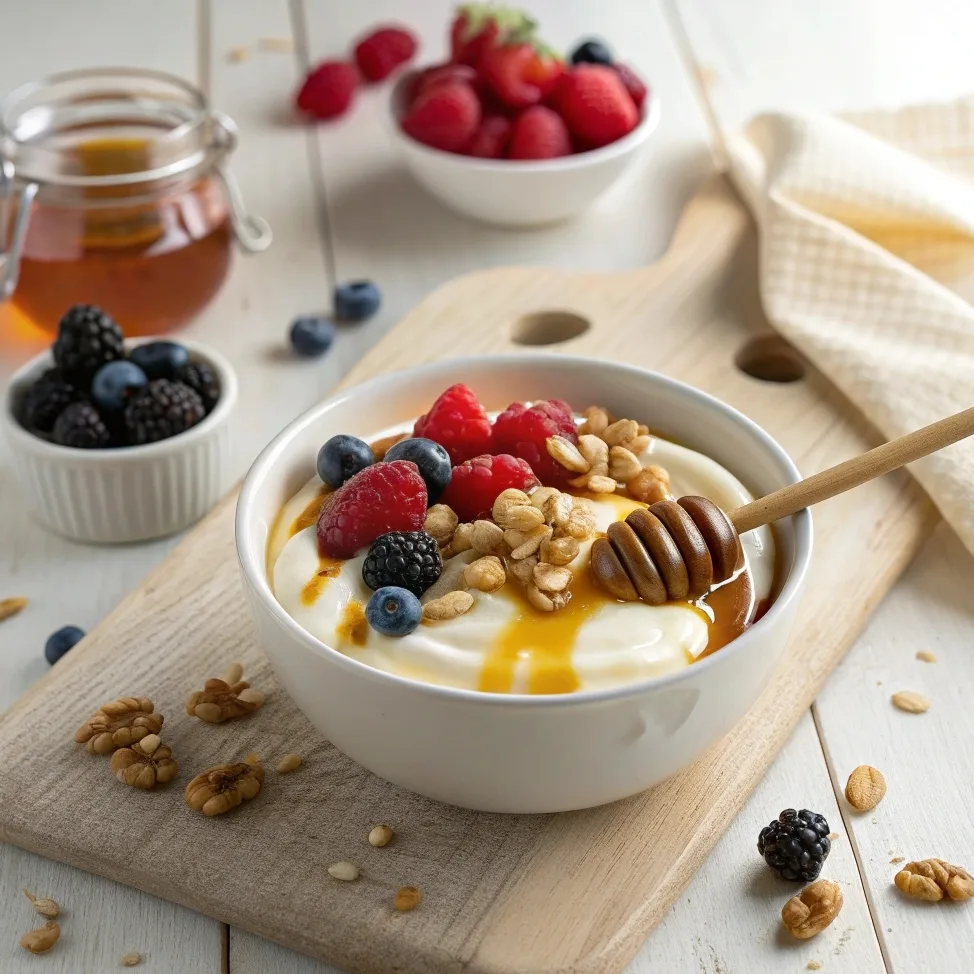 Greek yogurt with honey, walnuts, and berries served in a white bowl.