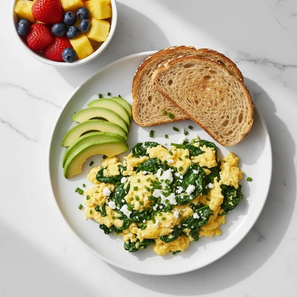 Scrambled eggs with spinach on a white plate with toast, avocado, and fruit.