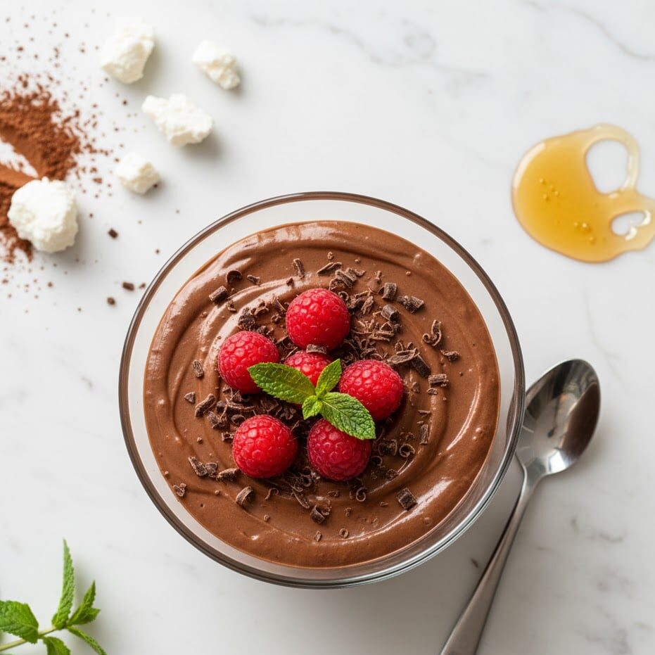 Healthy cottage cheese chocolate mousse served in glass bowls