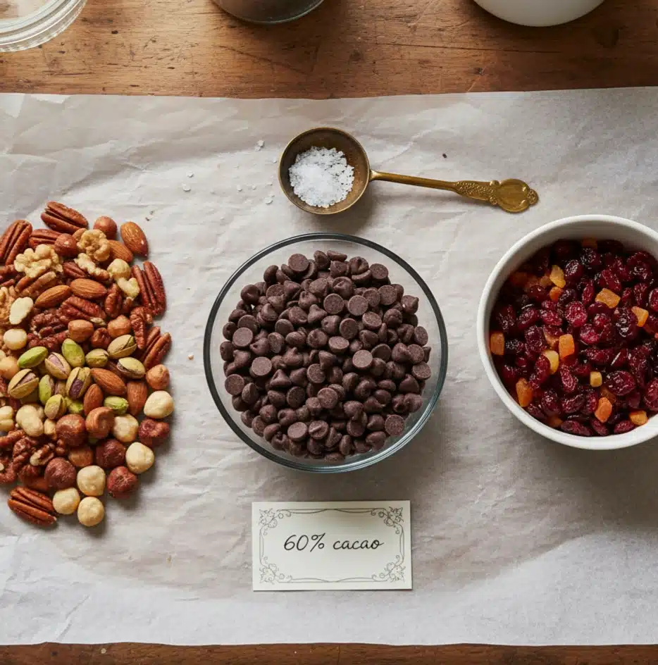 An overhead view of the ingredients for chocolate bark arranged on parchment paper, including a bowl of 60% cacao chocolate chips, a mix of raw nuts like pecans and almonds, a bowl of dried cranberries, and a spoon of flaky sea salt.