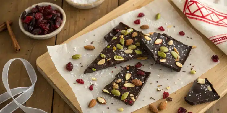 An overhead view of homemade dark chocolate bark with almonds, pistachios, and dried cranberries, arranged on parchment paper on a wooden cutting board.