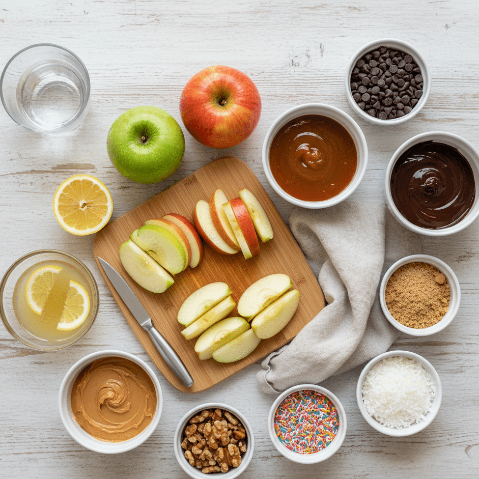 Ingredients for apple nachos laid out on a countertop, including fresh apples, jars of caramel and peanut butter, and bowls with various toppings.