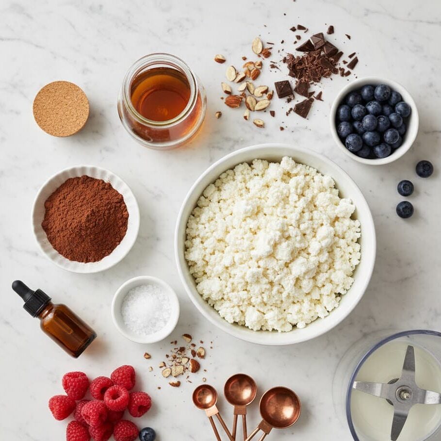 Ingredients for cottage cheese chocolate mousse arranged on a kitchen counter