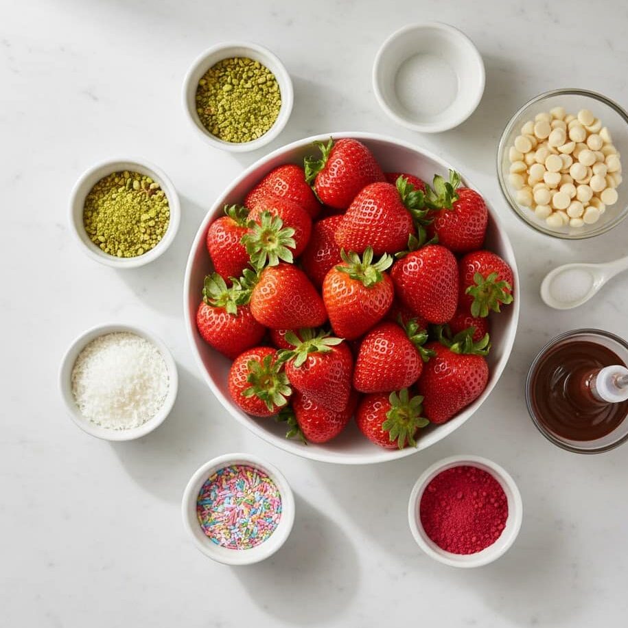 Ingredients for white chocolate covered strawberries with fresh berries and chocolate chips.