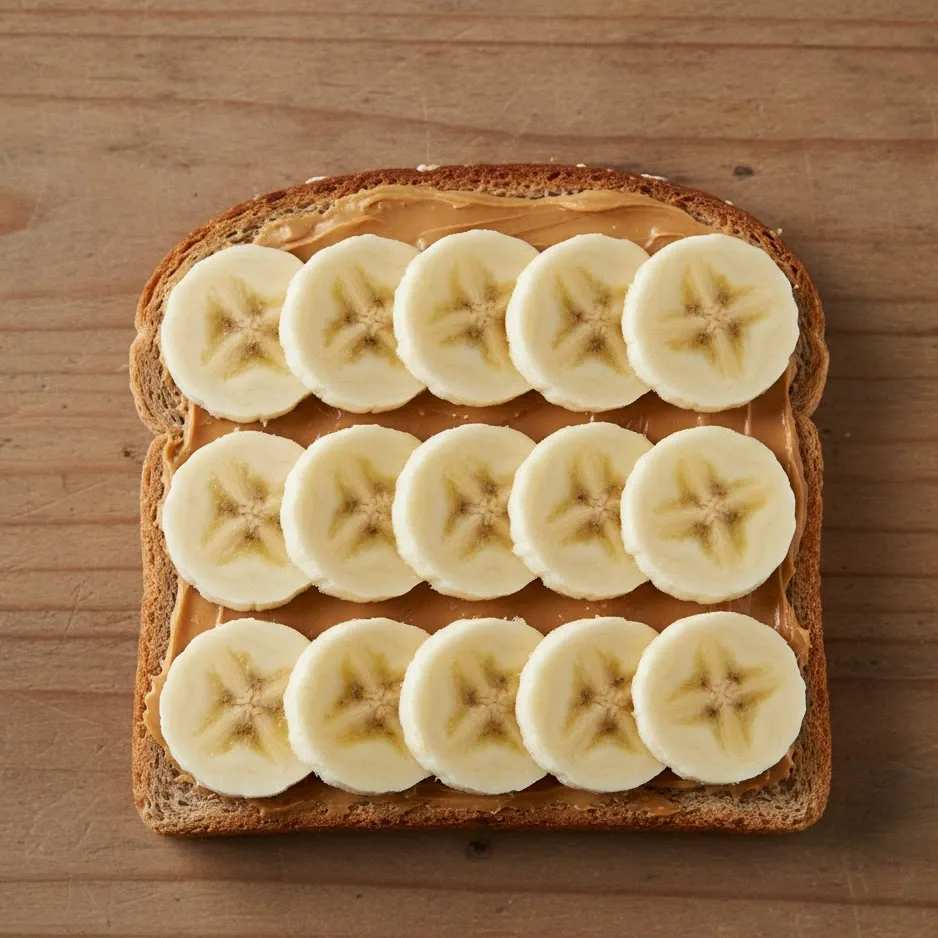 Banana slices neatly arranged on peanut butter toast