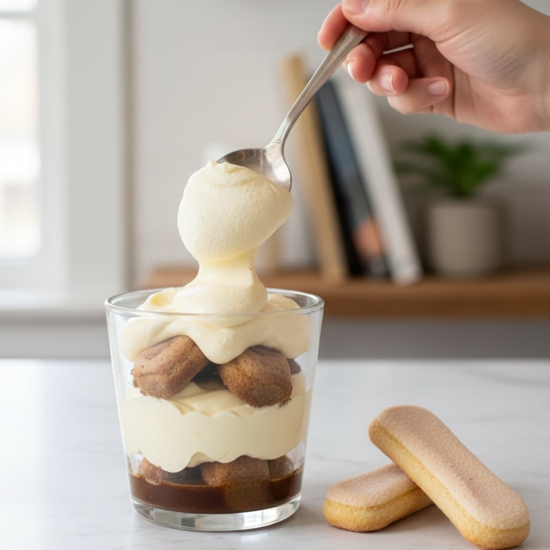 Hand spooning thick mascarpone cream over espresso-soaked ladyfingers in a clear dessert cup, with two dry ladyfingers on the side.