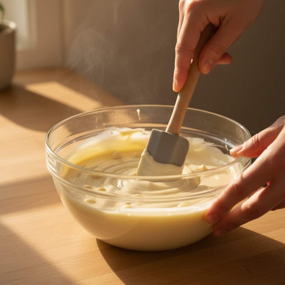 Melting white chocolate in a glass bowl for dipping strawberries.