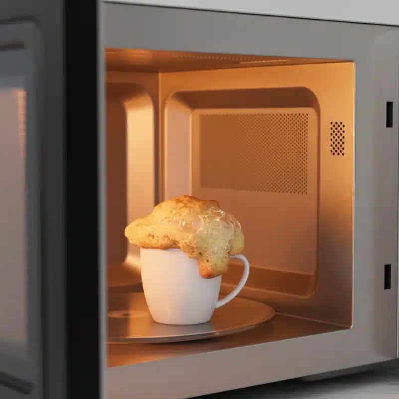 Vanilla mug cake rising and slightly bubbling over the rim of a white mug inside a microwave oven.