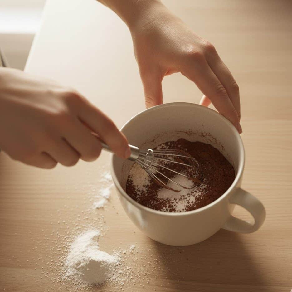 Mixing flour, cocoa, sugar, and baking powder inside a mug with a fork.