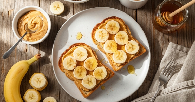 Peanut butter banana toast topped with honey and cinnamon on a rustic breakfast table