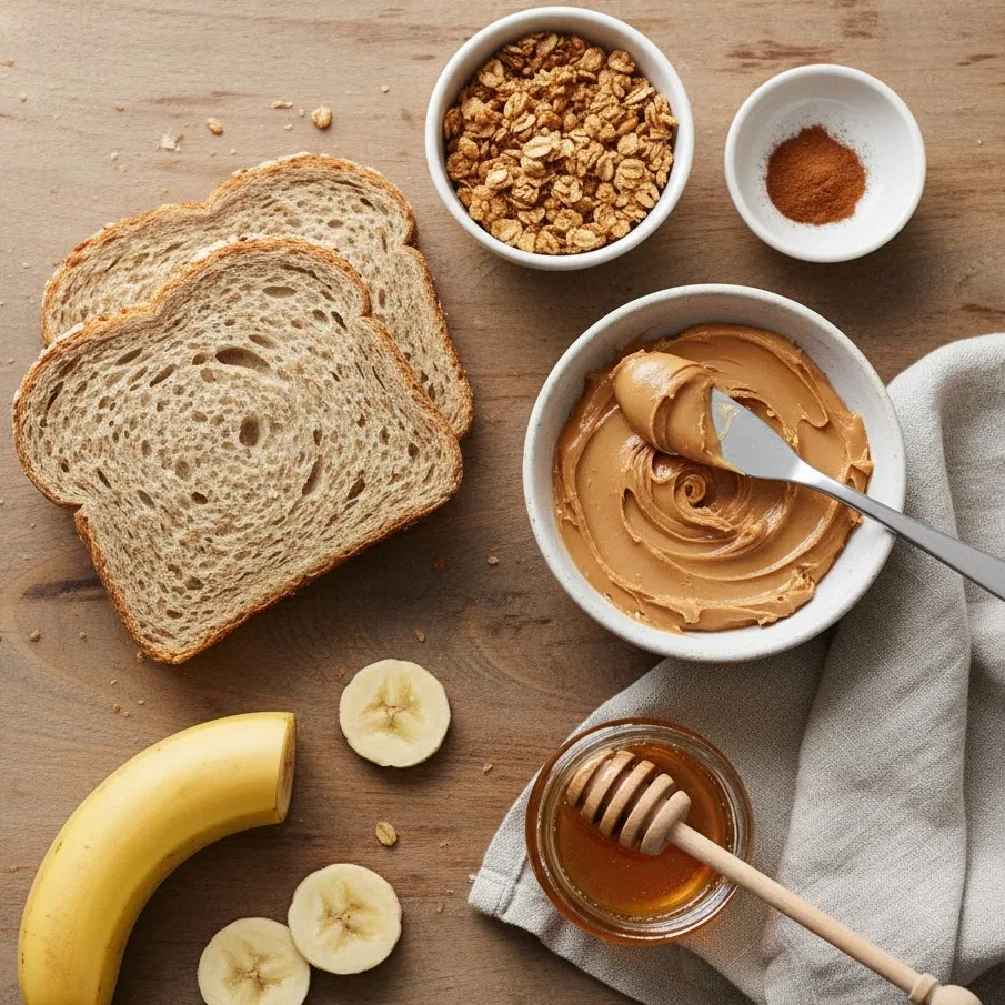 Peanut butter banana toast ingredients arranged on a wooden table