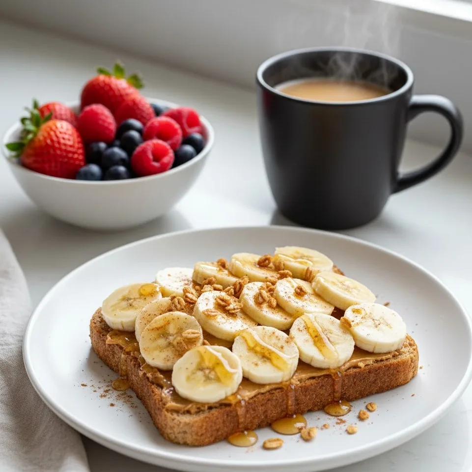 Finished peanut butter banana toast with granola and coffee