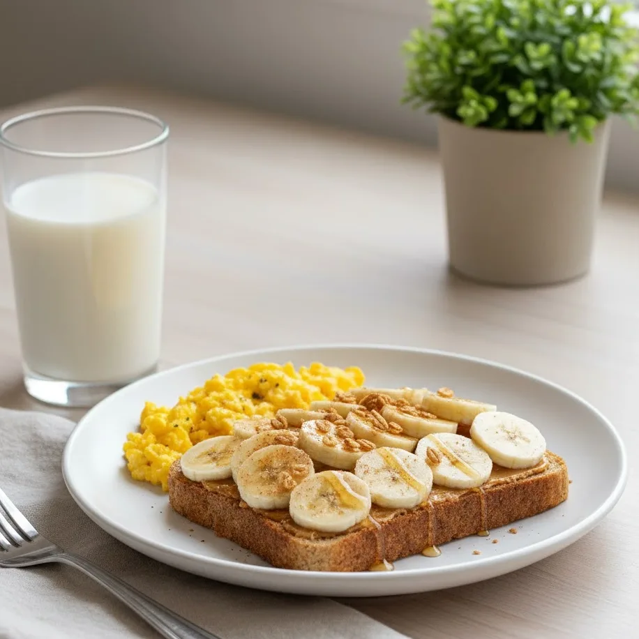 Peanut butter banana toast served with milk and scrambled eggs