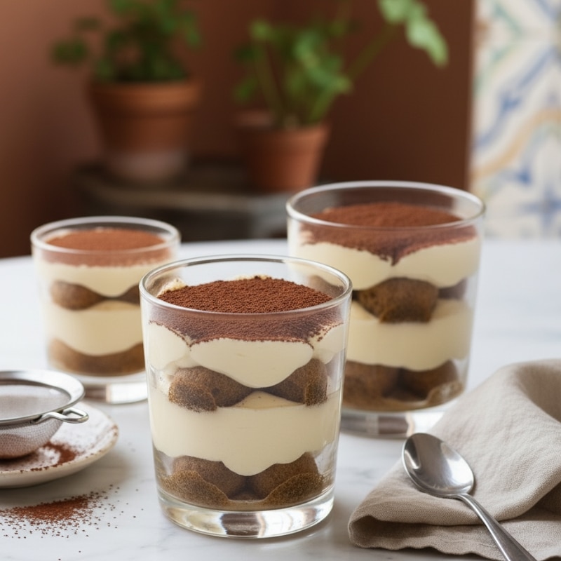 Three finished tiramisu cups, generously dusted with cocoa powder, on a marble table with a sieve, spoon, and napkin, in a café setting.