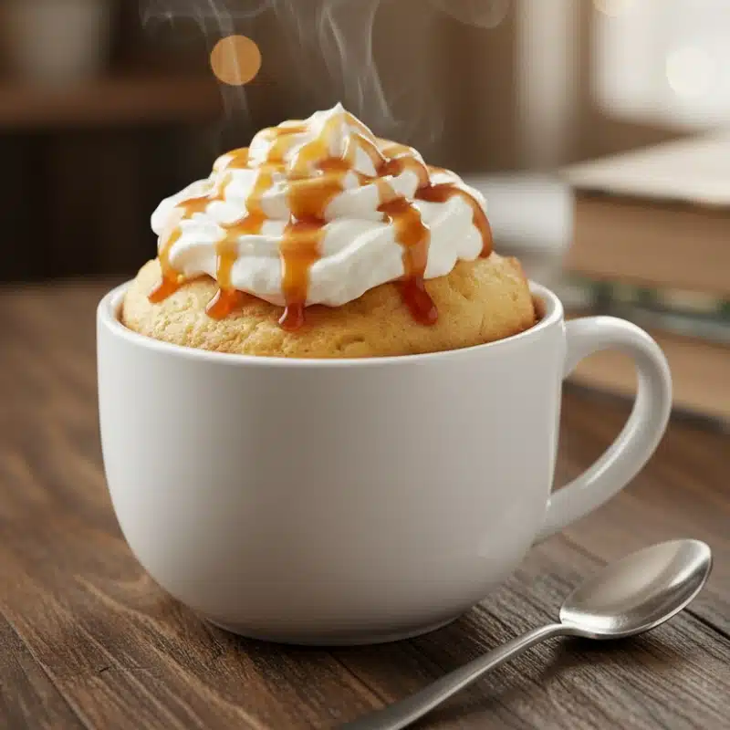 Steaming vanilla mug cake in a white cup with whipped cream and caramel, on a wooden table with a spoon.