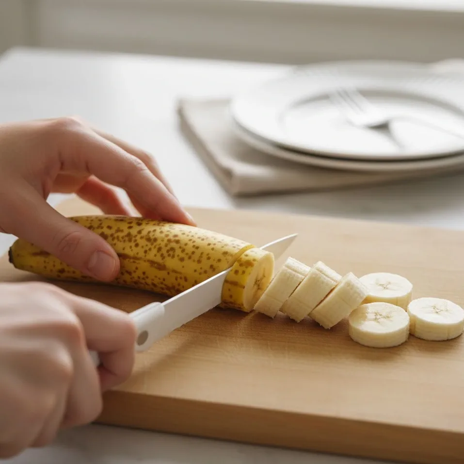 Ripe banana being sliced into even rounds on a cutting board