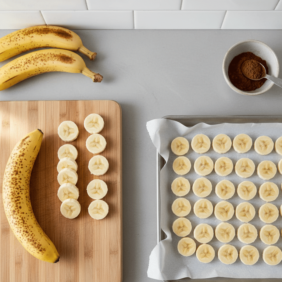Hands slicing ripe bananas on a wooden board and arranging them on a tray to freeze for chocolate banana ice cream.