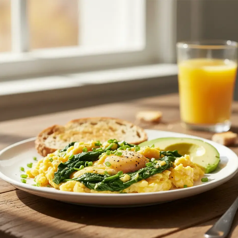Person whisking eggs in a bowl with fresh spinach on a wooden kitchen counter.