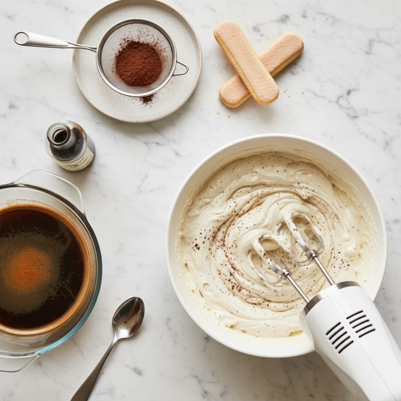 Top down view of hands mixing heavy cream, powdered sugar, and espresso powder with a hand mixer, beside a bowl of espresso and vanilla extract on a marble counter.