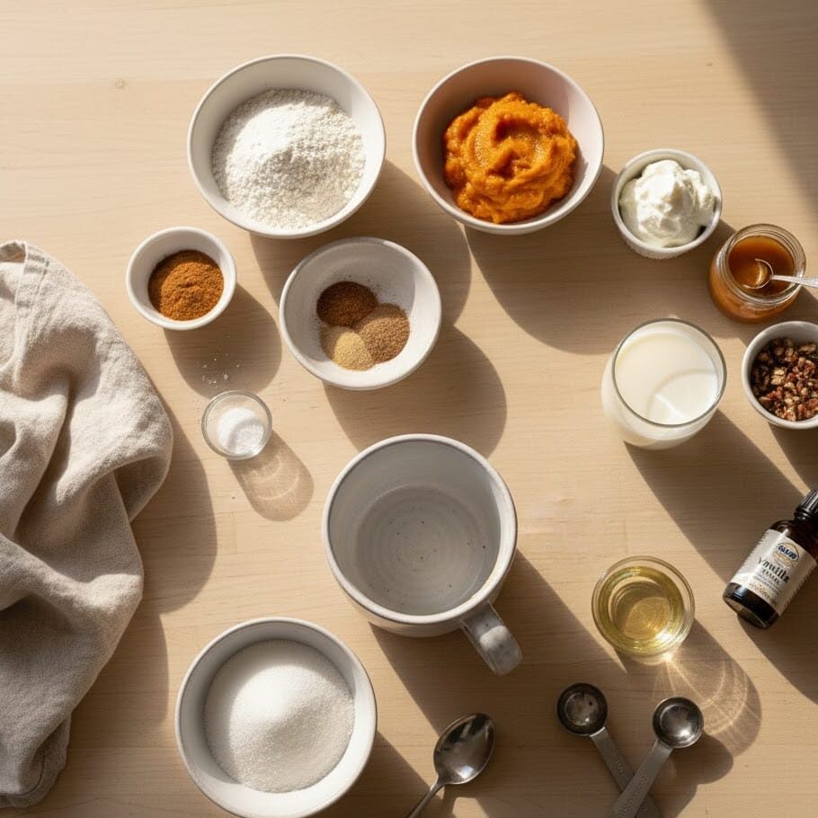 Pumpkin mug cake ingredients arranged neatly on a wooden kitchen counter.