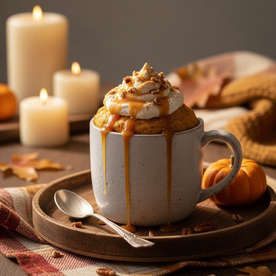 Pumpkin mug cake served with whipped cream and pecans on a wooden tray.