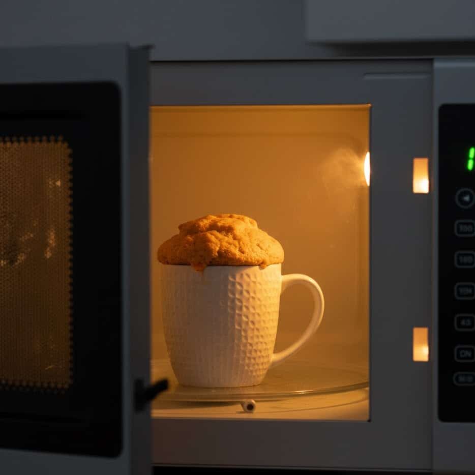Pumpkin mug cake rising in a microwave during cooking.