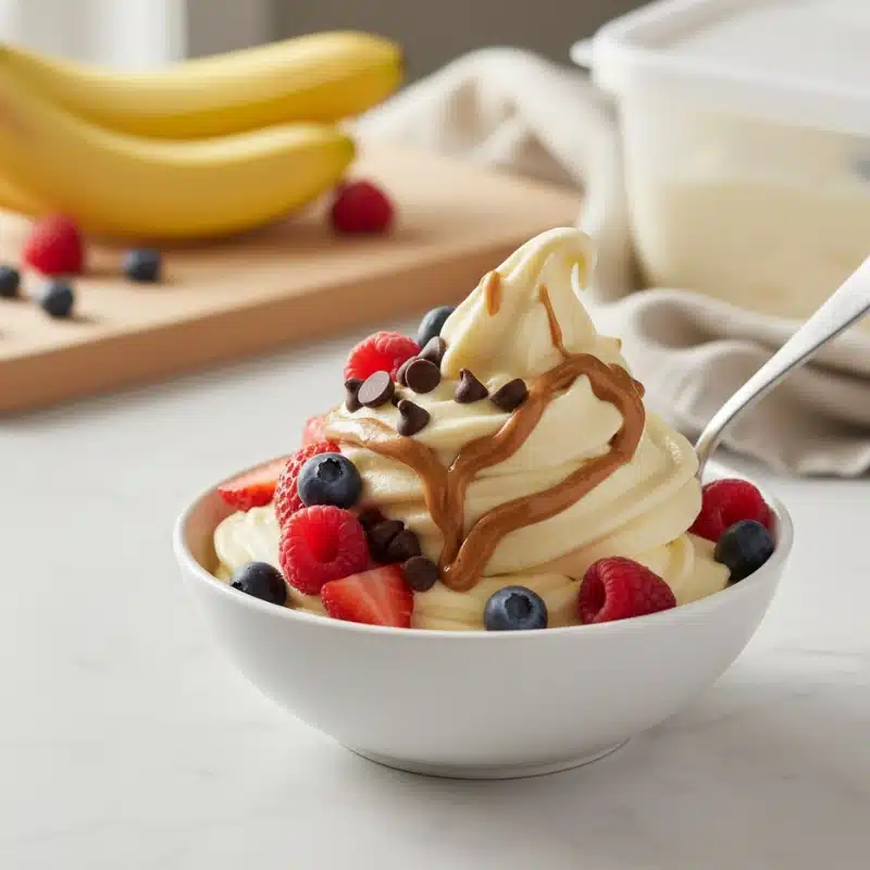 Spoon digging into swirled, creamy banana nice cream soft-serve topped with fresh raspberries, blueberries, and peanut butter drizzle. Healthy frozen dessert.