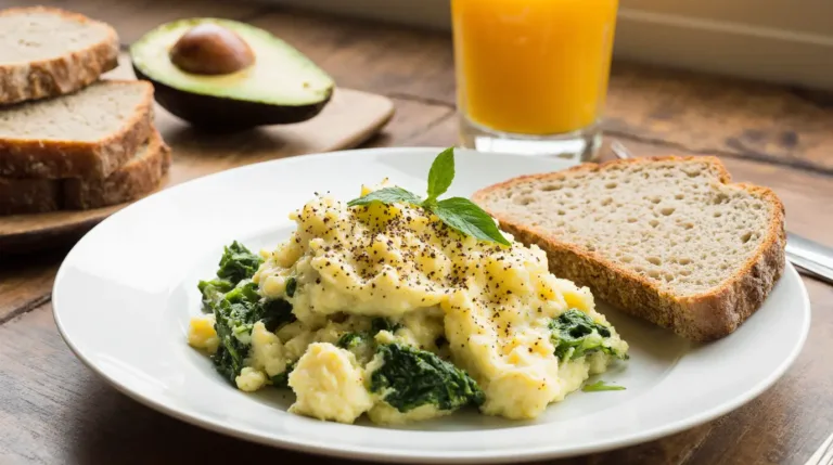 Fluffy scrambled eggs with spinach served on toast and avocado slices for breakfast.
